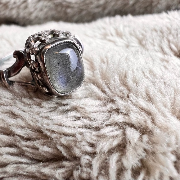 SZ 5 | Sterling Silver 925 Vintage Blue Fire Labradorite Square-Cut Boho Ring - Picture 4 of 10